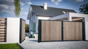 Portail pivotant métallique avec remplissage bois Kopal "Pluteo"