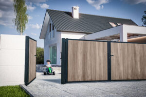 Portail pivotant métallique avec remplissage bois Kopal "Pluteo"